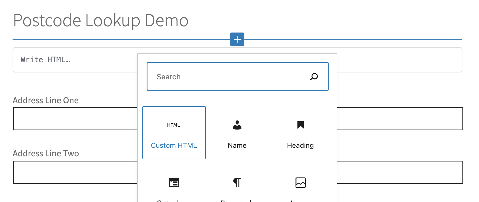 Add Postcode Lookup HTML Elements on top of the form