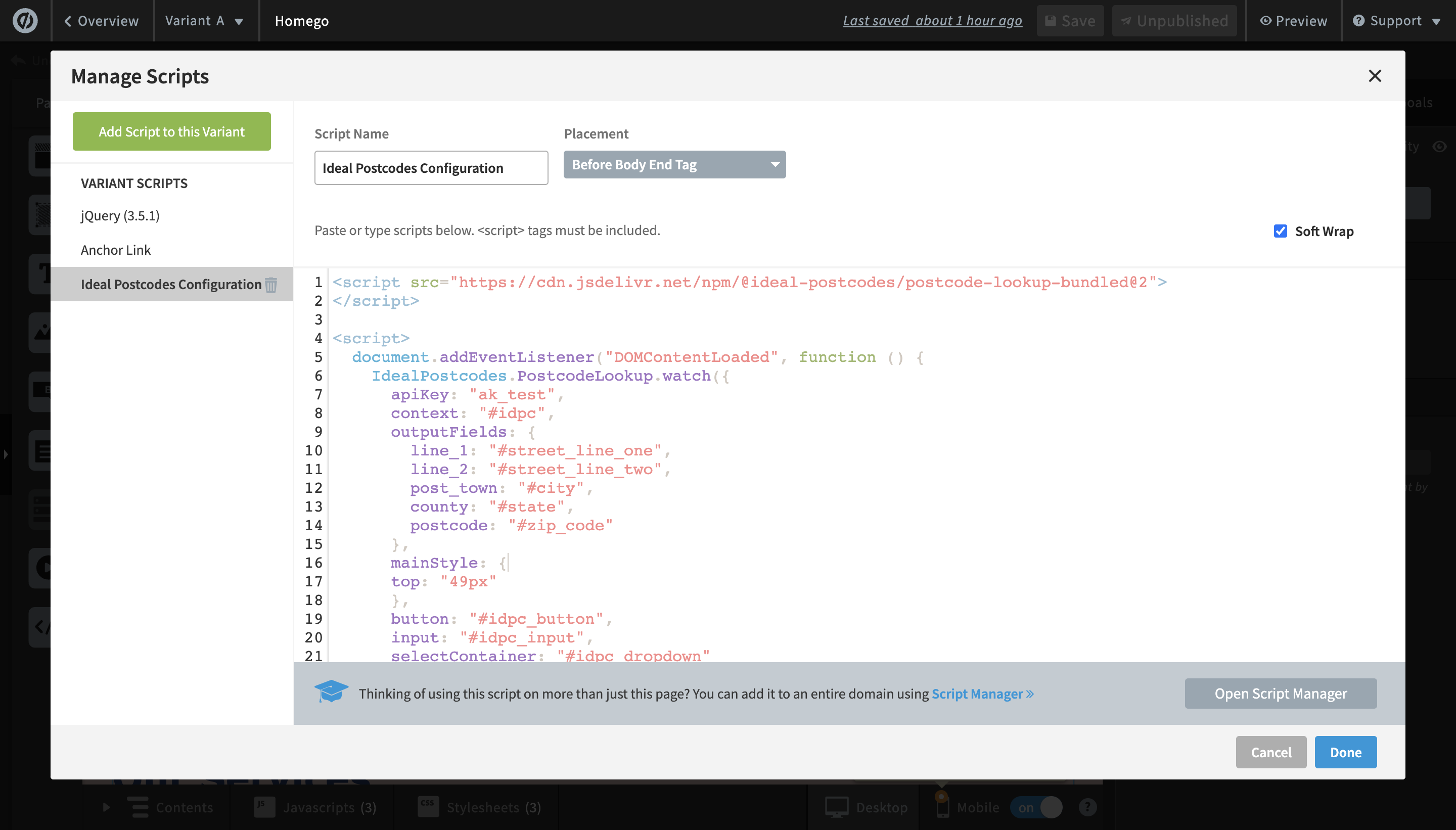 Adding the initialisation script-screenshot