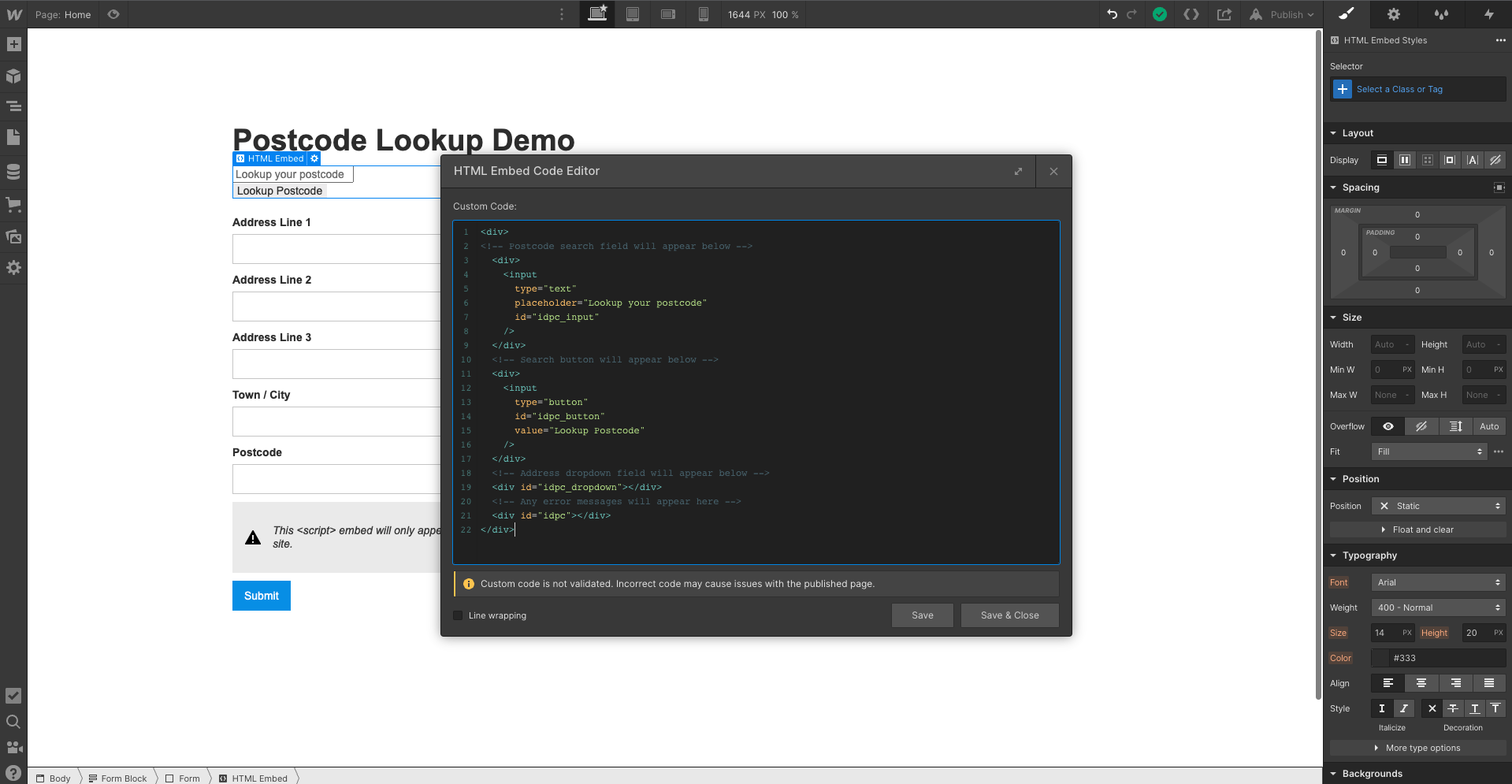 Webflow Integration Postcode Lookup Layout
